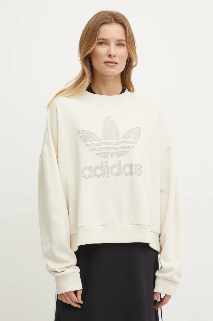 Pamučna dukserica adidas Originals SNAKE CREW za žene, boja: bež, s tiskom, JC8329