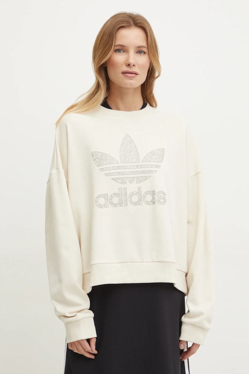 adidas Originals hanorac de bumbac SNAKE CREW femei, culoarea bej, cu imprimeu, JC8329