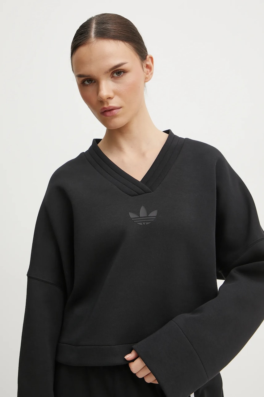 adidas Originals bluza V-SWEATSHIRT femei, culoarea negru, neted, JJ0958 adidas Originals bluza V-SWEATSHIRT femei, culoarea negru, neted, JJ0958