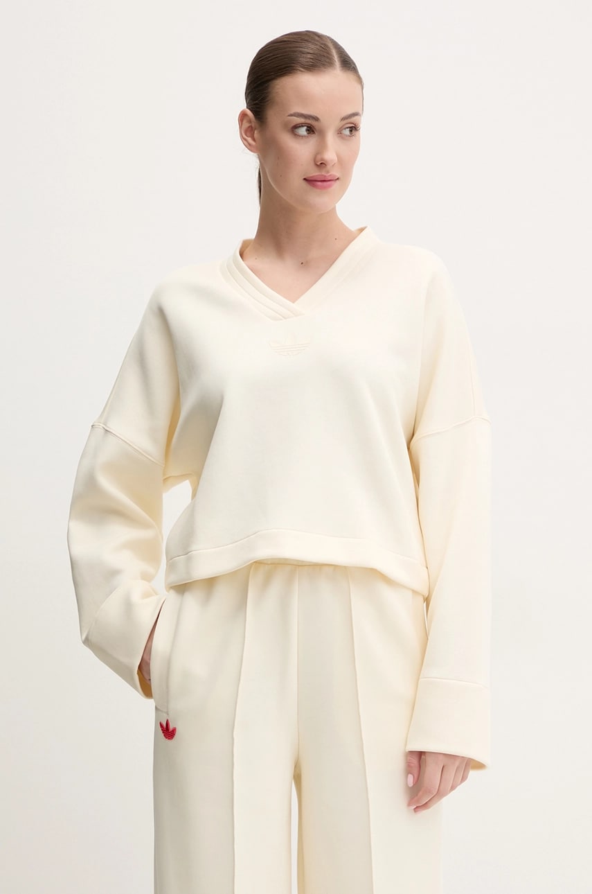 adidas Originals bluza V-SWEATSHIRT femei, culoarea bej, neted, JJ0963