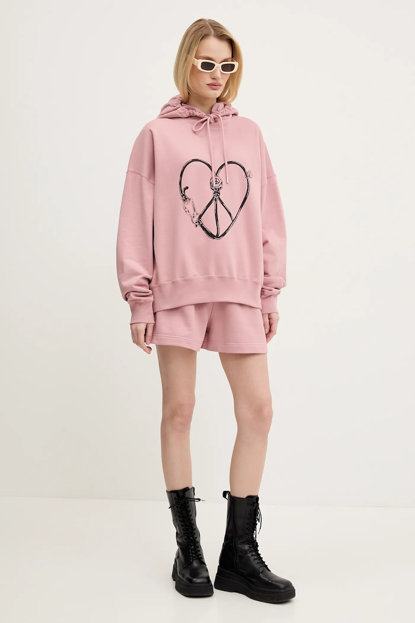 Хлопковая кофта Moschino Jeans женская цвет розовый с капюшоном с принтом 1708 3228 Хлопковая кофта Moschino Jeans женская цвет розовый с капюшоном с принтом 1708 3228