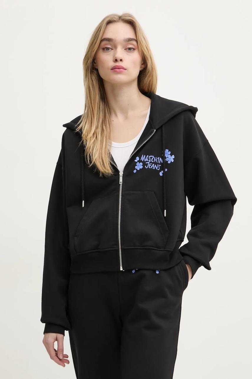 Moschino Jeans hanorac de bumbac femei, culoarea negru, cu glugă, cu imprimeu, 1703 3228 Moschino Jeans hanorac de bumbac femei, culoarea negru, cu glugă, cu imprimeu, 1703 3228