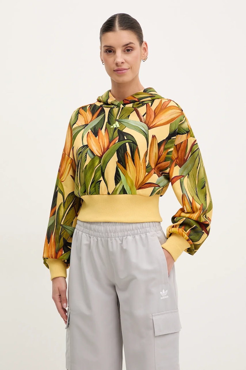adidas hanorac de bumbac x Farm Rio femei, culoarea galben, cu glugă, modelator, JD6282