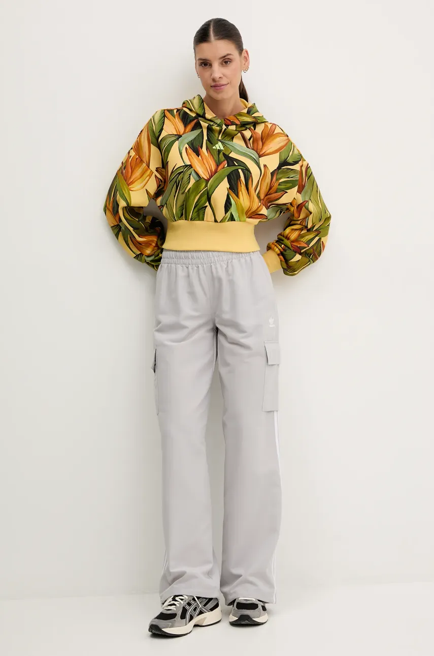 Хлопковая кофта adidas x Farm Rio женская цвет жёлтый с капюшоном узор JD6282 Хлопковая кофта adidas x Farm Rio женская цвет жёлтый с капюшоном узор JD6282