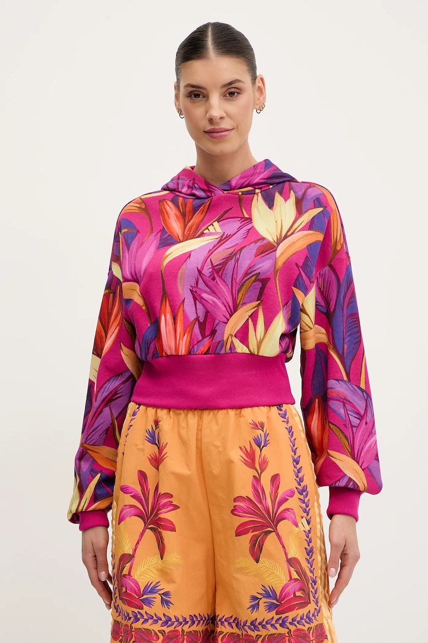 adidas hanorac de bumbac x Farm Rio femei, culoarea roz, cu glugă, modelator, JD6283