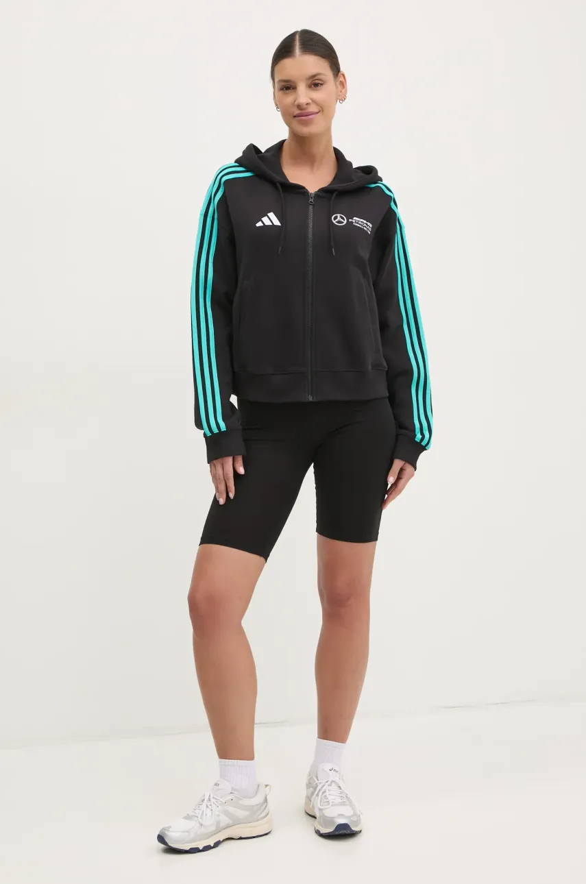 Хлопковая кофта adidas x Mercedes женская цвет чёрный с капюшоном с принтом JV5436 Хлопковая кофта adidas x Mercedes женская цвет чёрный с капюшоном с принтом JV5436