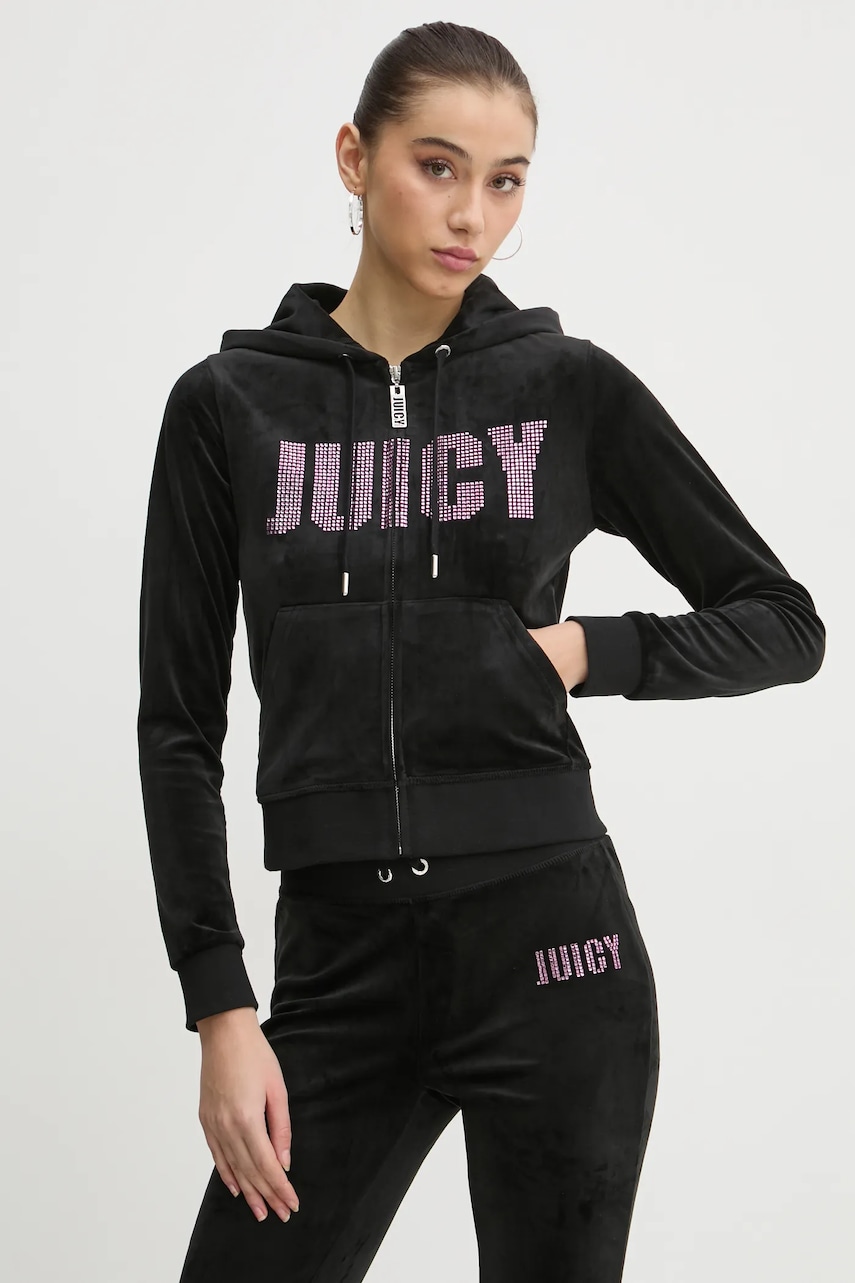 Juicy Couture bluza femei, culoarea negru, cu glugă, cu imprimeu, JCBAS125861 Juicy Couture bluza femei, culoarea negru, cu glugă, cu imprimeu, JCBAS125861
