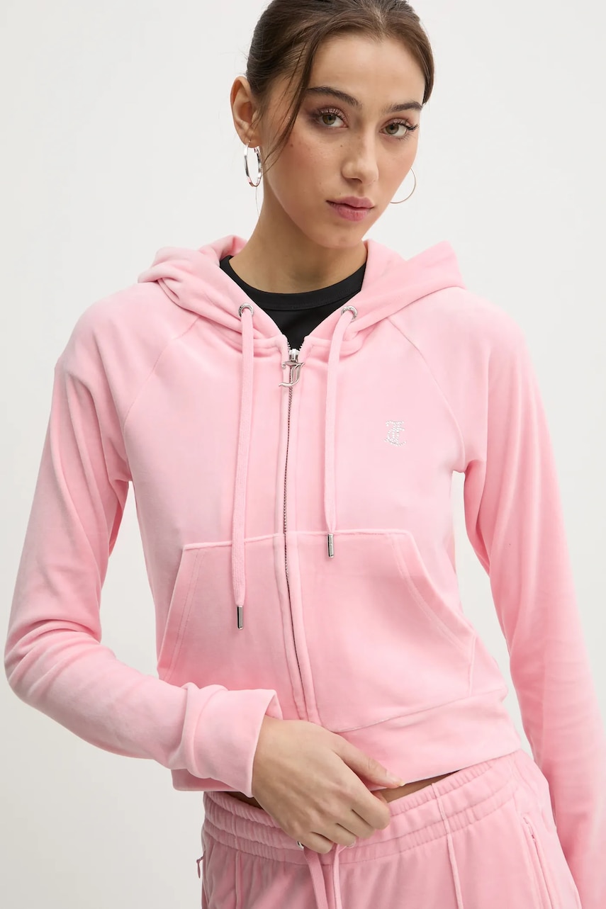 Juicy Couture bluza femei, culoarea roz, cu glugă, cu imprimeu, JCWA122001 Juicy Couture bluza femei, culoarea roz, cu glugă, cu imprimeu, JCWA122001