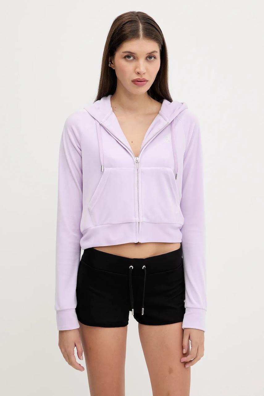 Juicy Couture bluză culoarea turcoaz, cu glugă, cu imprimeu, JCWA122001