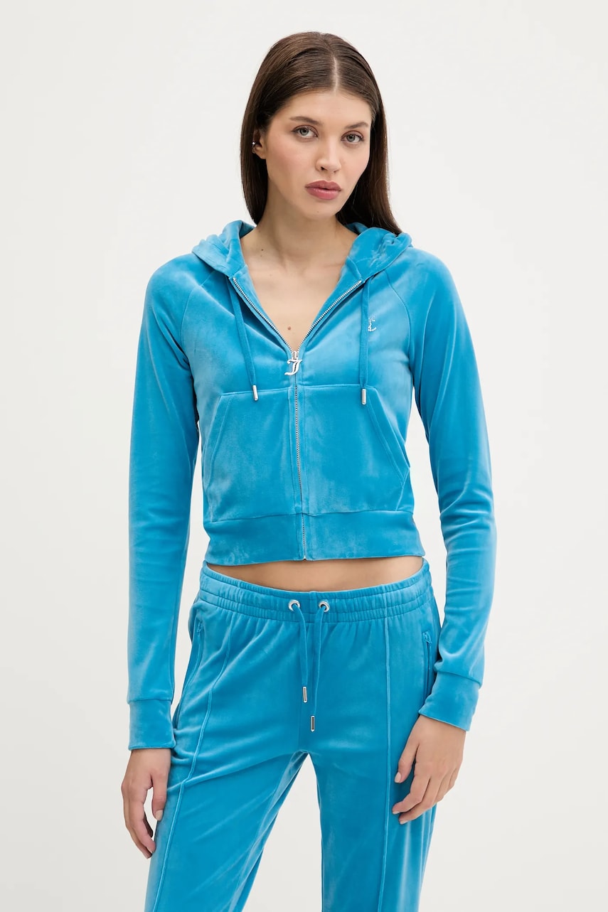 Juicy Couture bluză culoarea turcoaz, cu glugă, cu imprimeu, JCWA122001