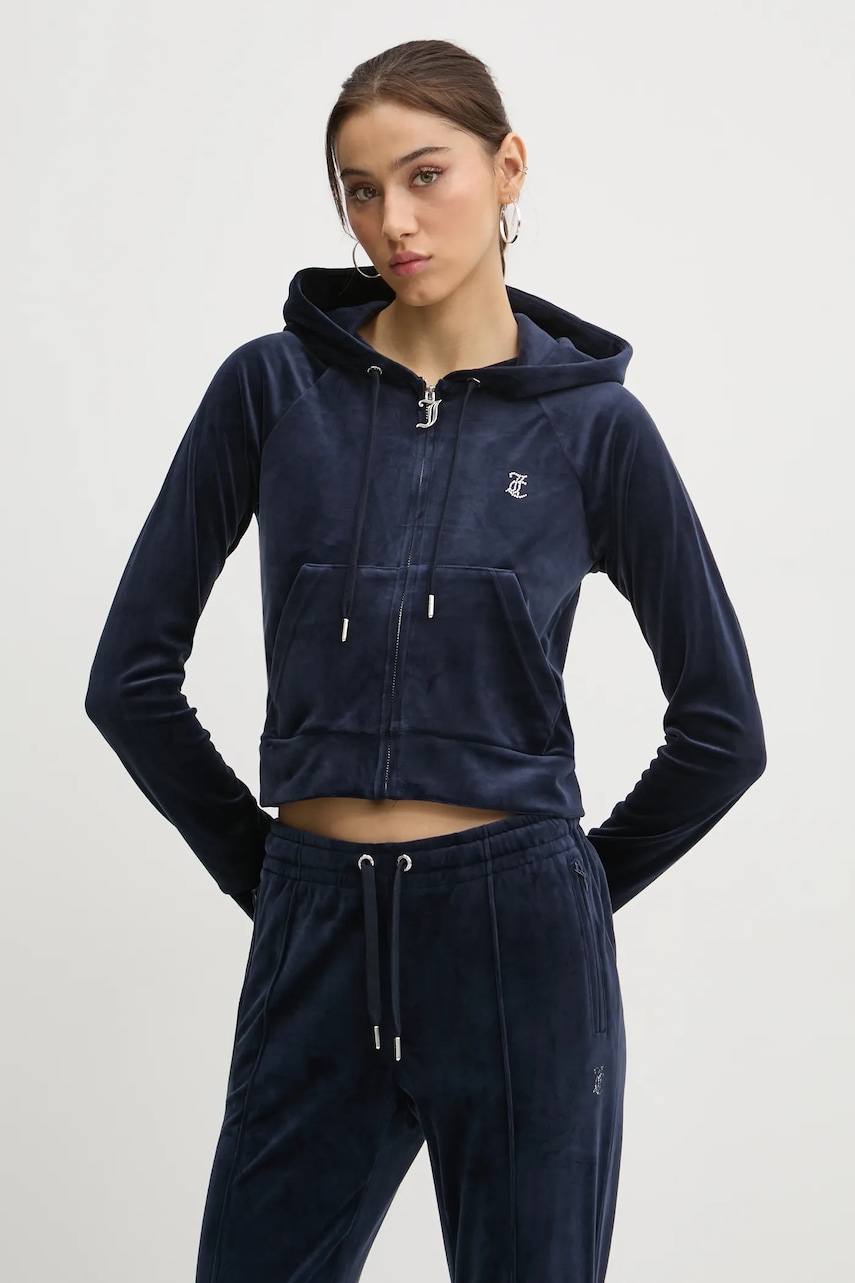Juicy Couture bluza femei, culoarea albastru marin, cu glugă, cu imprimeu, JCWA122001 Juicy Couture bluza femei, culoarea albastru marin, cu glugă, cu imprimeu, JCWA122001