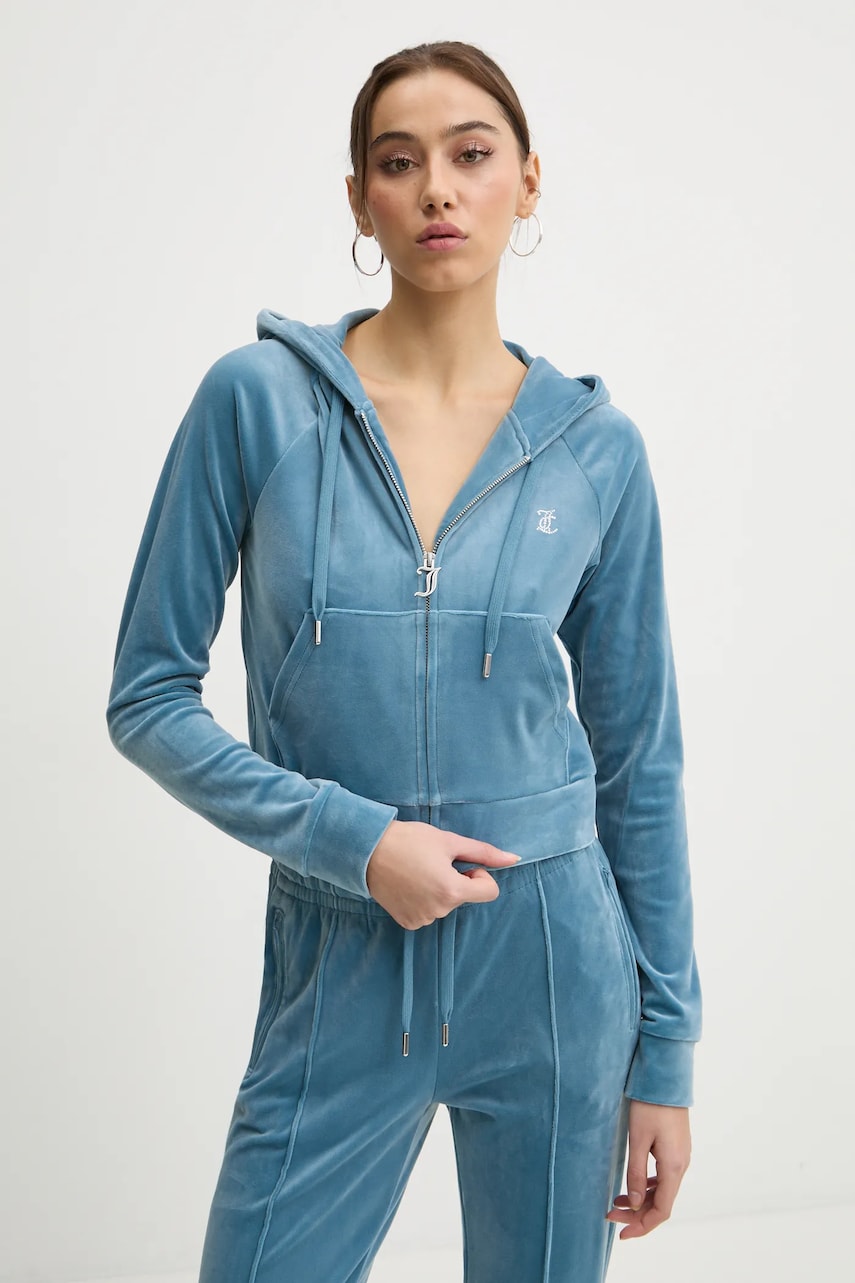 Juicy Couture bluza femei, culoarea turcoaz, cu glugă, cu imprimeu, JCWA122001