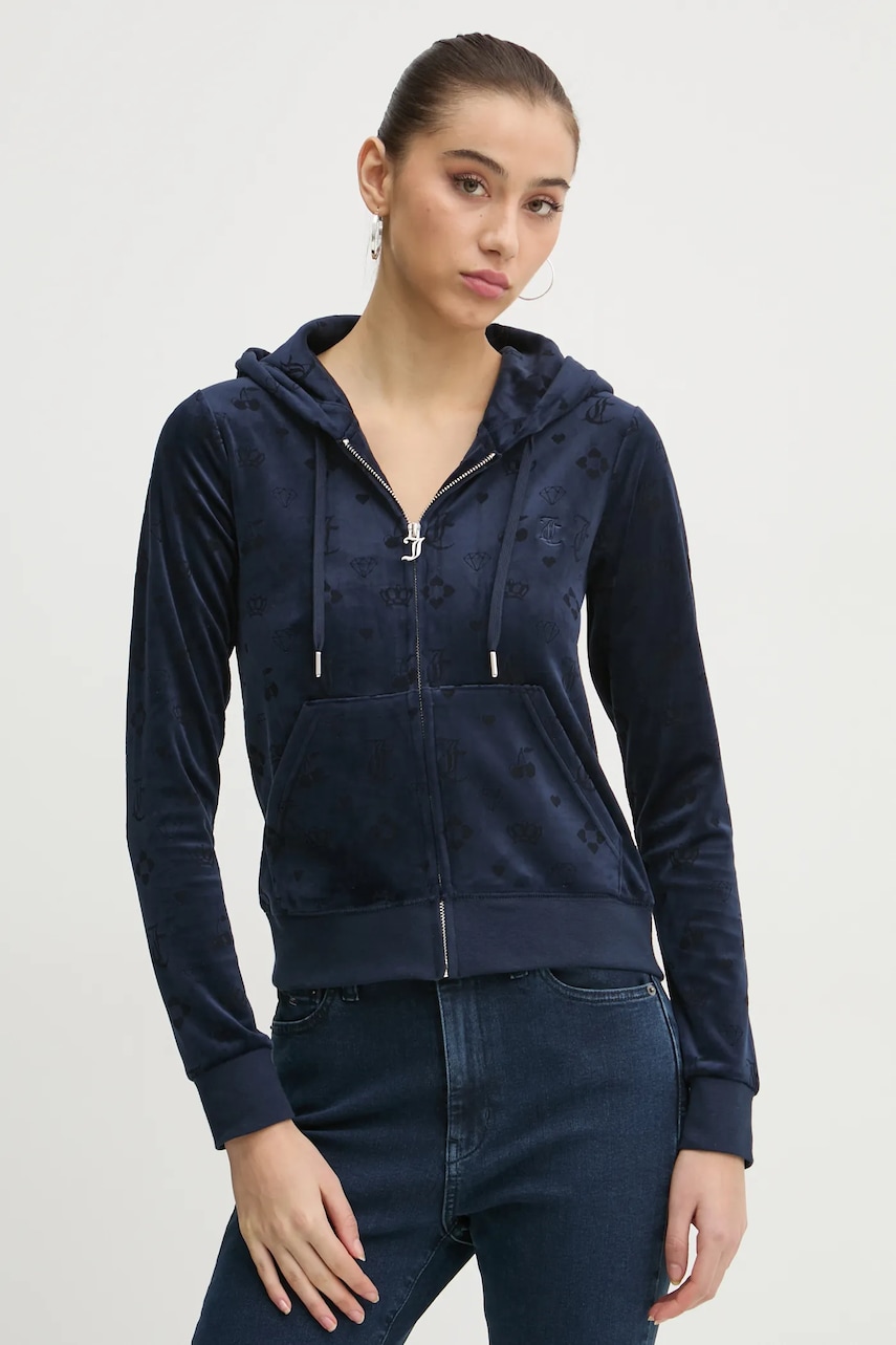 Juicy Couture bluză din velur culoarea albastru marin, cu glugă, modelator, JCWAS125302 Juicy Couture bluză din velur culoarea albastru marin, cu glugă, modelator, JCWAS125302