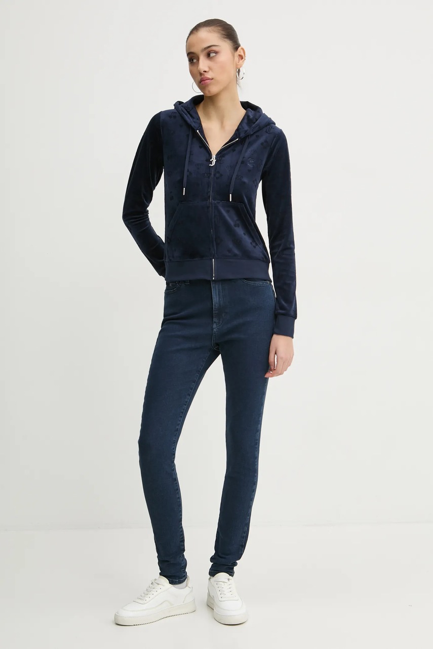 Кофта из велюра Juicy Couture цвет синий с капюшоном узор JCWAS125302 Кофта из велюра Juicy Couture цвет синий с капюшоном узор JCWAS125302