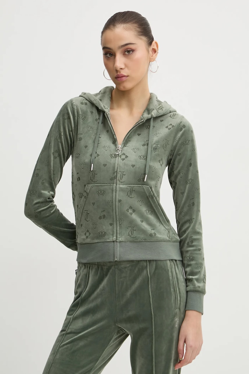 Juicy Couture bluză din velur culoarea verde, cu glugă, modelator, JCWAS125302