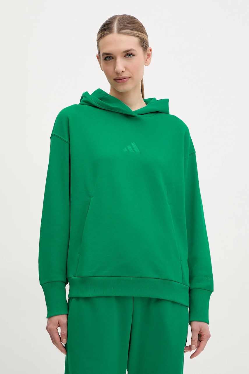 adidas hanorac de bumbac ALL SZN femei, culoarea verde, cu glugă, neted, JD4719 adidas hanorac de bumbac ALL SZN femei, culoarea verde, cu glugă, neted, JD4719