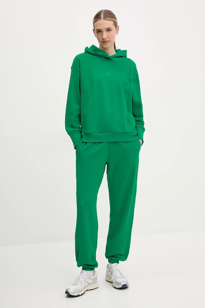 Хлопковая кофта adidas ALL SZN женская цвет зелёный с капюшоном однотонная JD4719 Хлопковая кофта adidas ALL SZN женская цвет зелёный с капюшоном однотонная JD4719