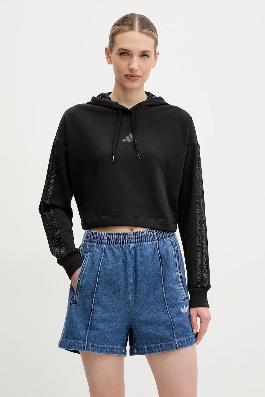 adidas bluza W AOP Blur femei, culoarea negru, cu glugă, cu imprimeu, JC6244 adidas bluza W AOP Blur femei, culoarea negru, cu glugă, cu imprimeu, JC6244