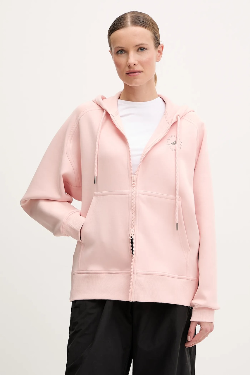 adidas by Stella McCartney bluză femei, culoarea bej, cu glugă, cu imprimeu, JI5160 adidas by Stella McCartney bluză femei, culoarea bej, cu glugă, cu imprimeu, JI5160