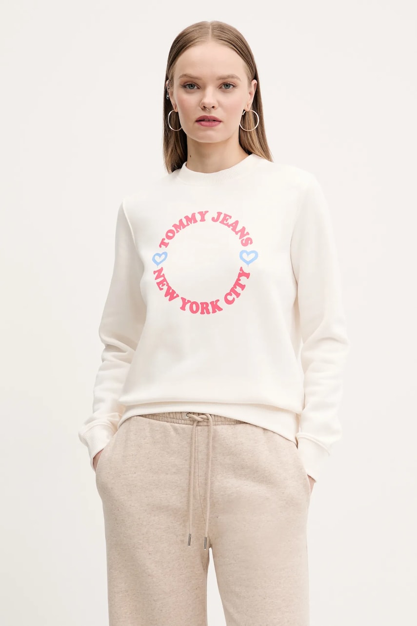 Tommy Jeans bluza femei, culoarea bej, cu imprimeu, DW0DW21770 Tommy Jeans bluza femei, culoarea bej, cu imprimeu, DW0DW21770