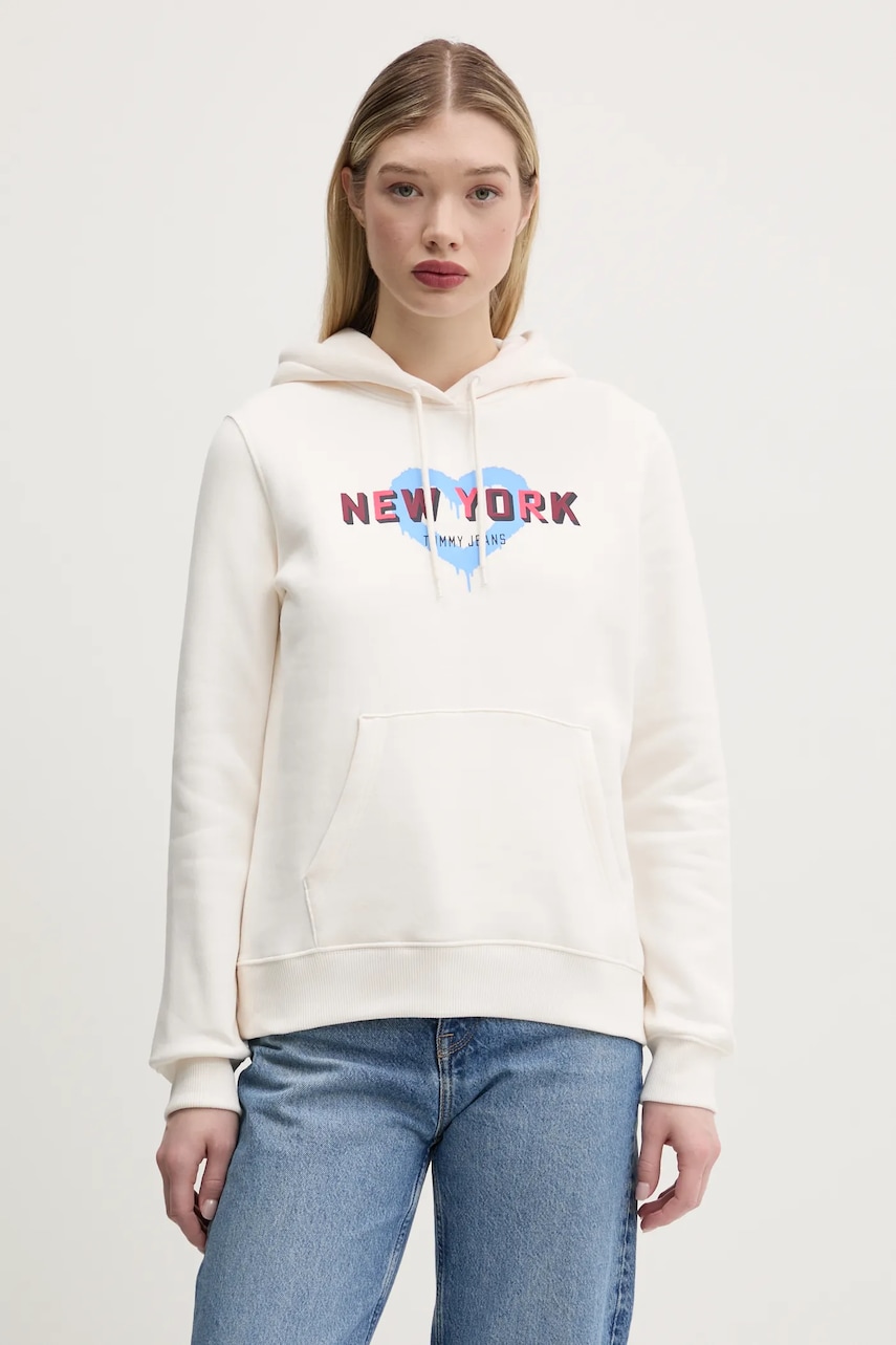 Tommy Jeans bluza femei, culoarea bej, cu glugă, cu imprimeu, DW0DW21771 Tommy Jeans bluza femei, culoarea bej, cu glugă, cu imprimeu, DW0DW21771