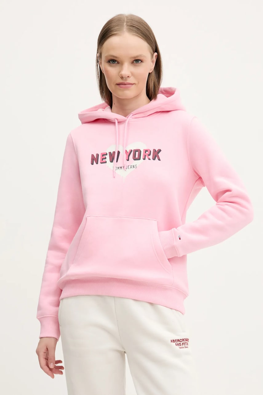 Tommy Jeans bluza femei, culoarea roz, cu glugă, cu imprimeu, DW0DW21771