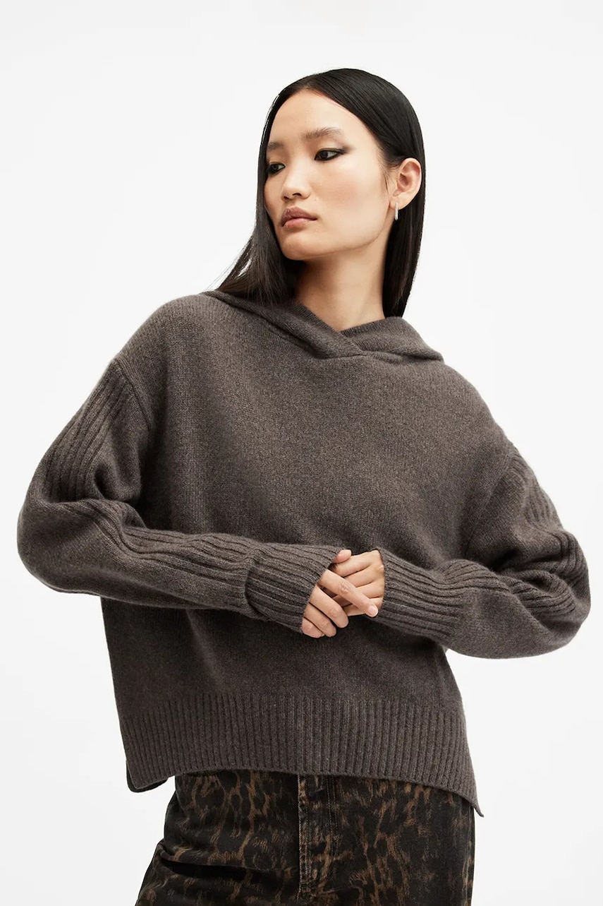 AllSaints bluză din lână INES culoarea maro, cu glugă, uni, W074KB AllSaints bluză din lână INES culoarea maro, cu glugă, uni, W074KB