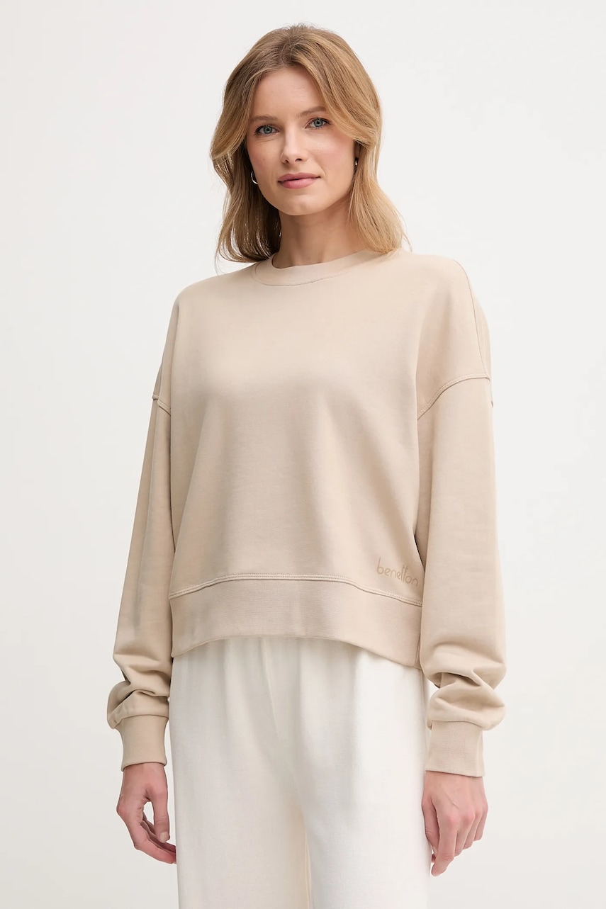 United Colors of Benetton hanorac de bumbac femei, culoarea bej, cu imprimeu, 3UNID109A