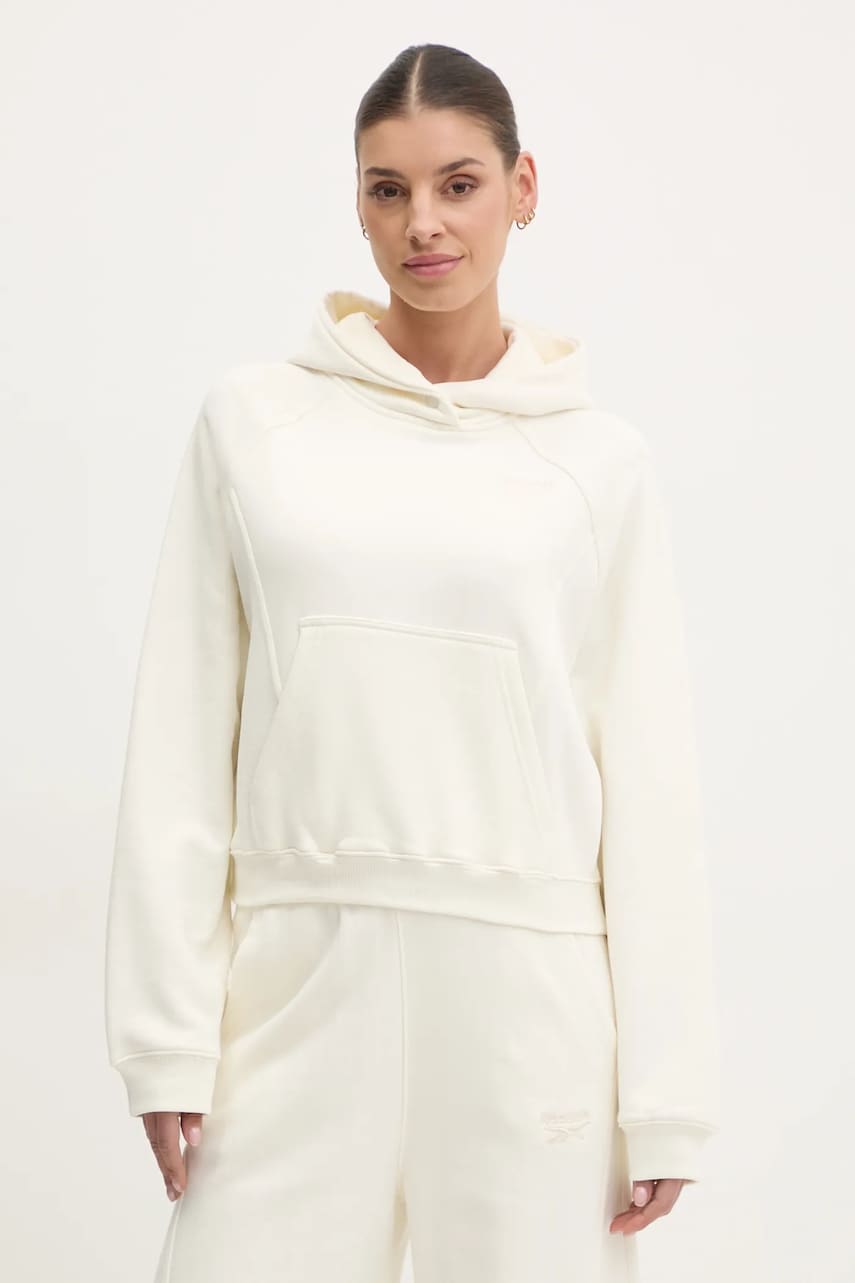 Reebok Classic hanorac de bumbac femei, culoarea bej, cu glugă, neted, 100214102