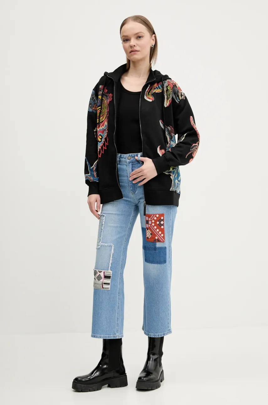 Хлопковая кофта Desigual MELTED PAISLEYS женская цвет чёрный с капюшоном узор 25SWSK01 Хлопковая кофта Desigual MELTED PAISLEYS женская цвет чёрный с капюшоном узор 25SWSK01
