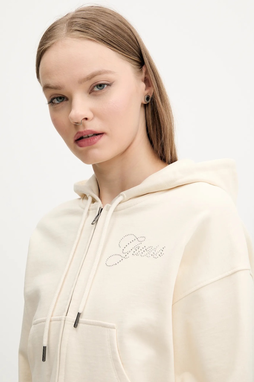 Βαμβακερή μπλούζα Guess Originals γυναικεία, χρώμα: μπεζ, με κουκούλα, W5RQ13 K68I1 φωτογραφία