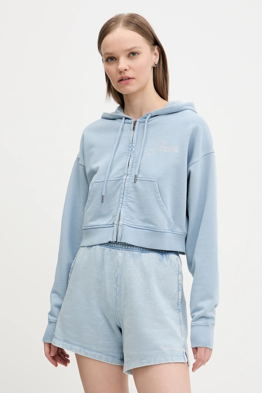 Levně Bavlněná mikina Guess Originals dámská, modrá barva, s kapucí, hladká, W5RQ13 K68I1