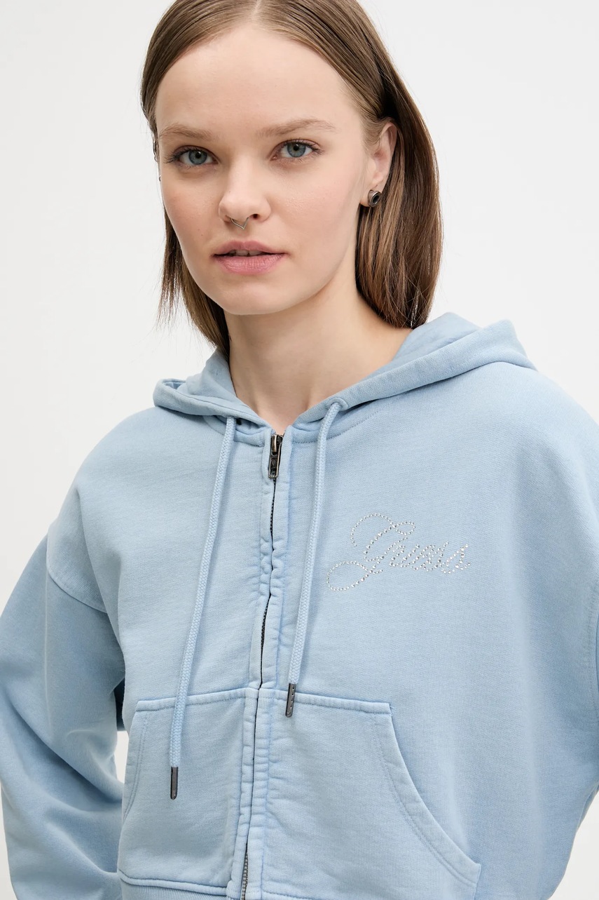 Βαμβακερή μπλούζα Guess Originals γυναικεία, χρώμα: μπλε, με κουκούλα, W5RQ13 K68I1 φωτογραφία