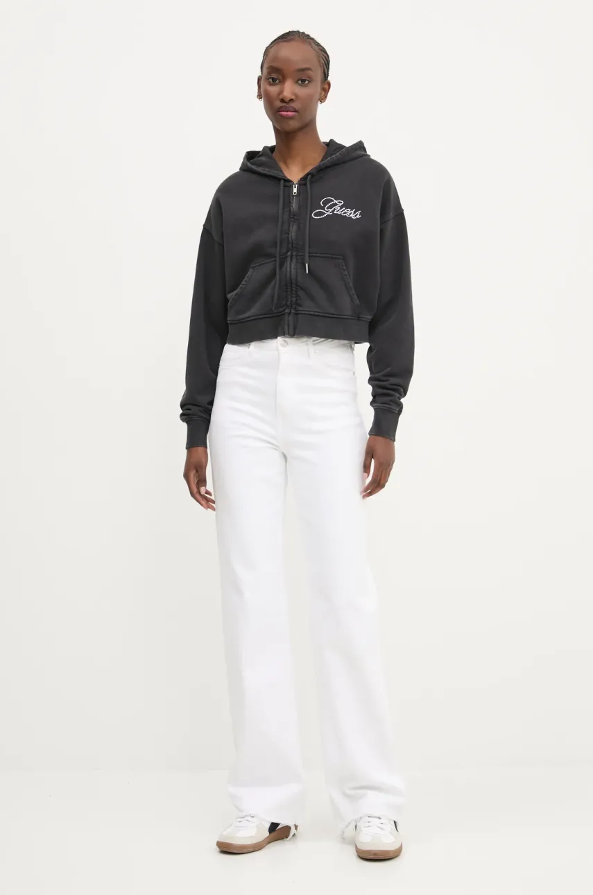 Хлопковая кофта Guess Originals женская цвет чёрный с капюшоном однотонная W5RQ13 K68I1 Хлопковая кофта Guess Originals женская цвет чёрный с капюшоном однотонная W5RQ13 K68I1