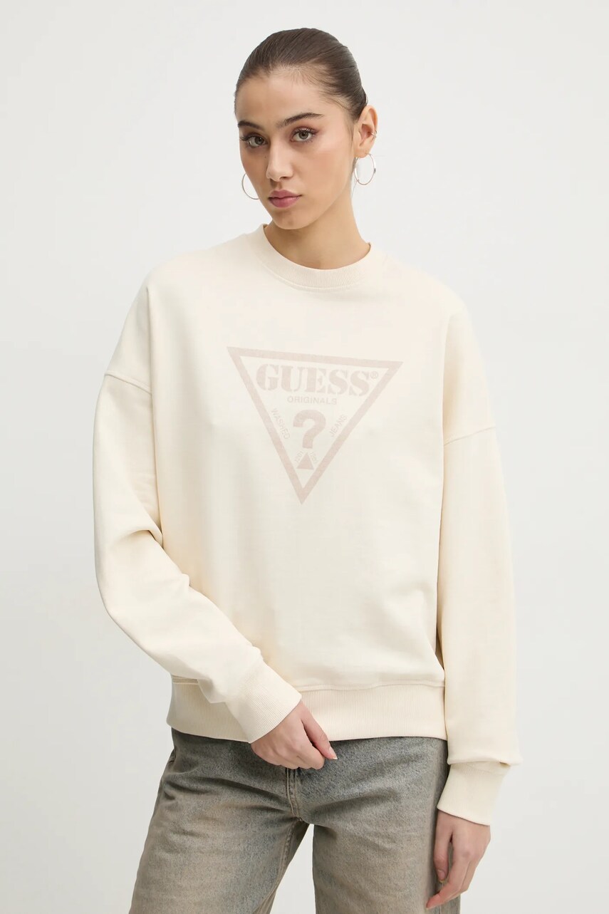 Levně Bavlněná mikina Guess Originals dámská, béžová barva, s potiskem, W5RQ14 K68I1