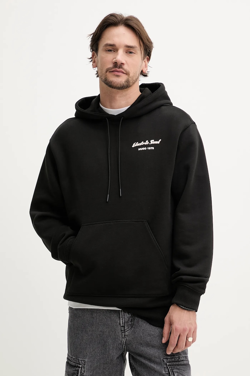 HUGO hanorac de bumbac femei, culoarea negru, cu glugă, cu imprimeu, 50539141