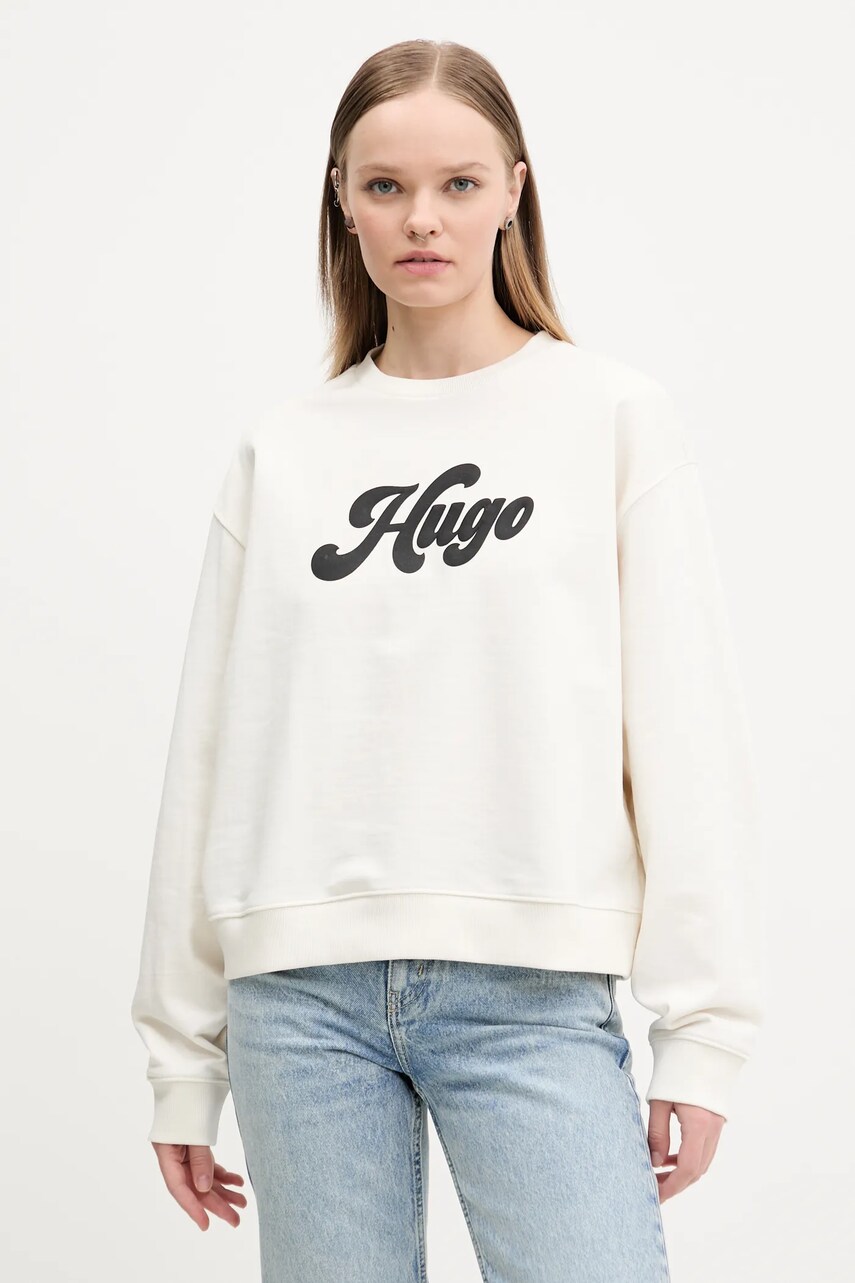 HUGO bluza femei, culoarea bej, cu imprimeu, 50541169