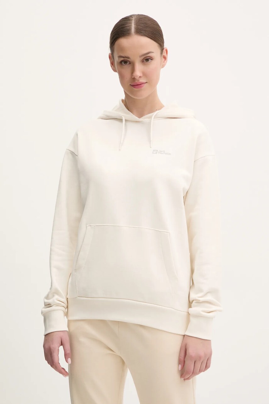 Jack Wolfskin hanorac de bumbac Essential femei, culoarea bej, cu gluga, neted, A63848