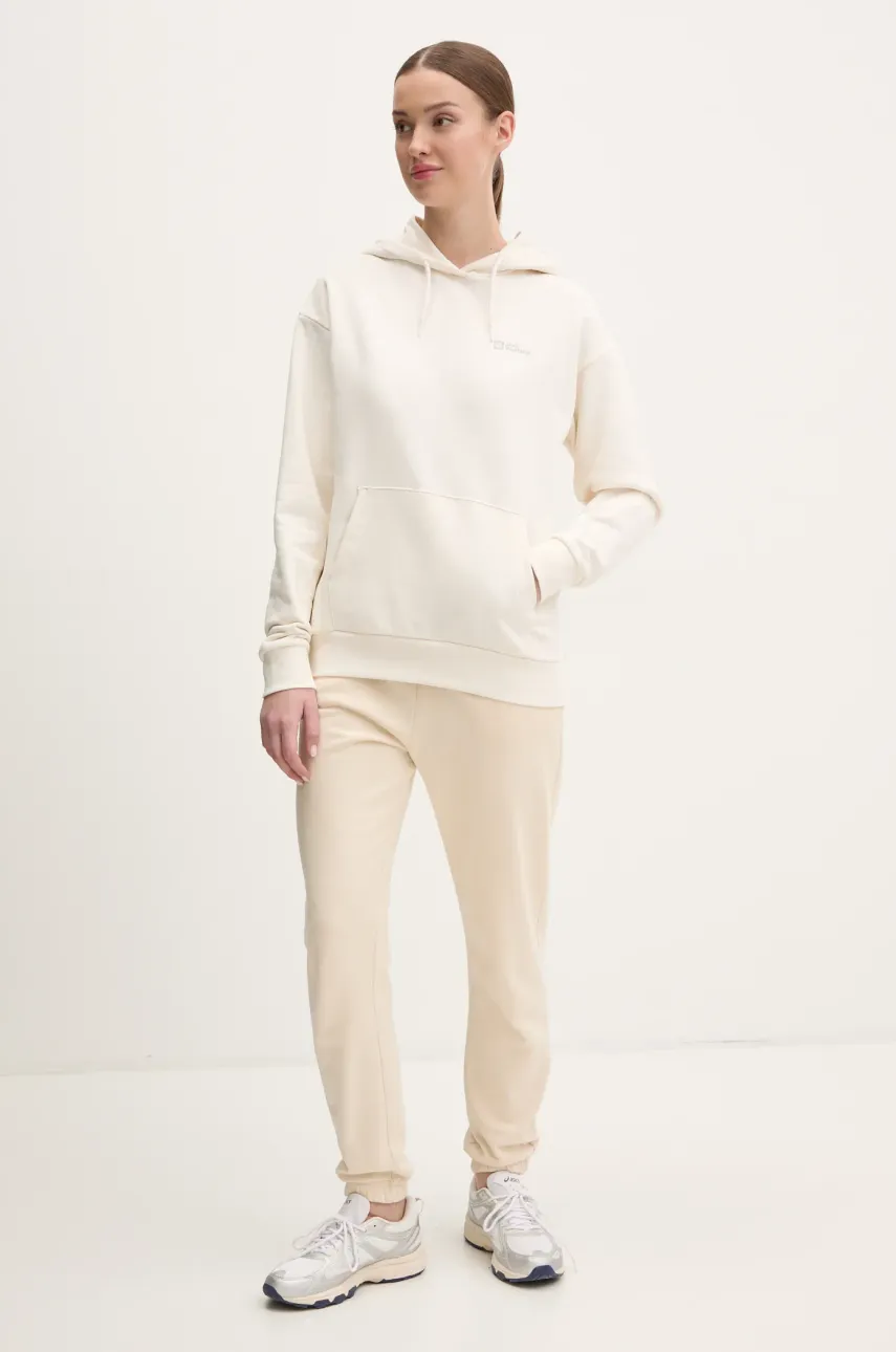 Хлопковая кофта Jack Wolfskin Essential женская цвет бежевый с капюшоном однотонная A63848 Хлопковая кофта Jack Wolfskin Essential женская цвет бежевый с капюшоном однотонная A63848