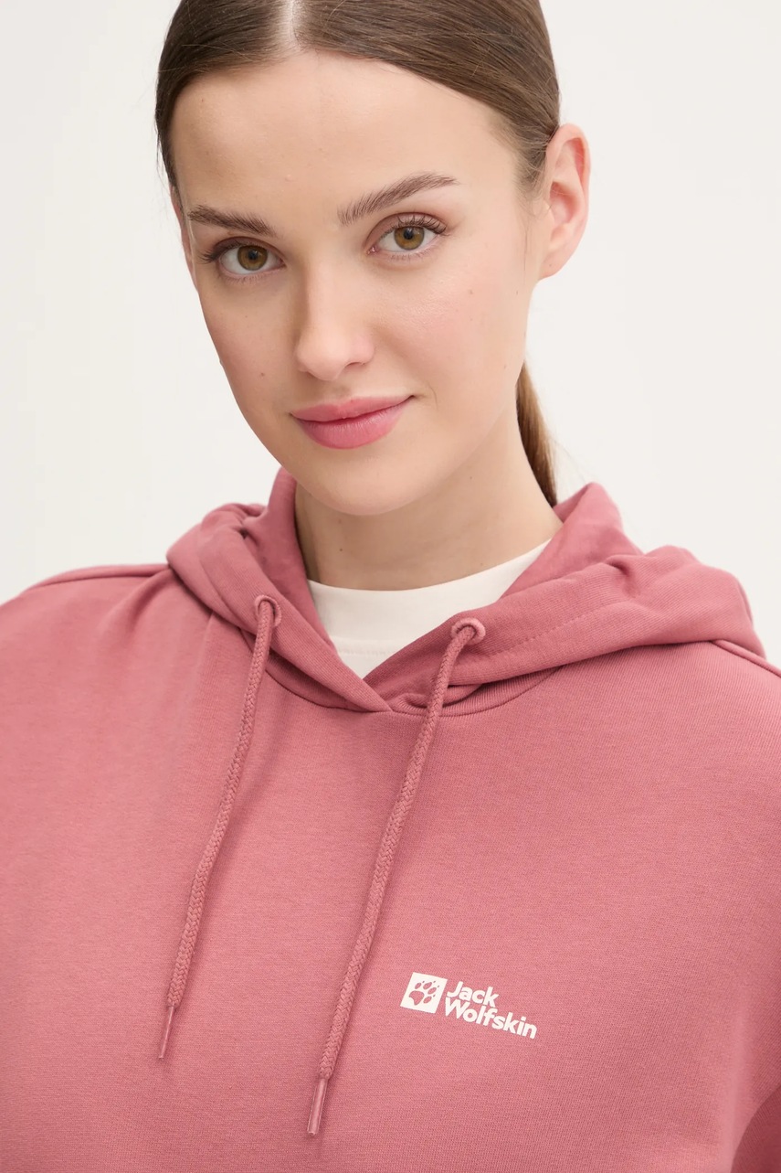 Βαμβακερή μπλούζα Jack Wolfskin Essential γυναικεία, χρώμα: πορτοκαλί, με κουκούλα, A63848 φωτογραφία