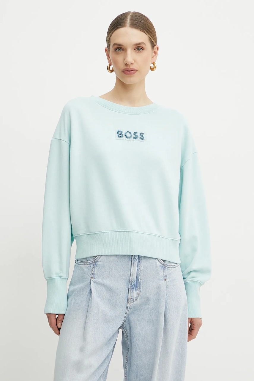Хлопковая кофта BOSS Orange женская цвет бирюзовый с аппликацией 50540263 Хлопковая кофта BOSS Orange женская цвет бирюзовый с аппликацией 50540263