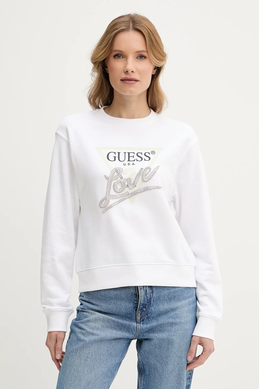 Levně Mikina Guess LOVE dámská, bílá barva, s potiskem, W5GQ05 KB683