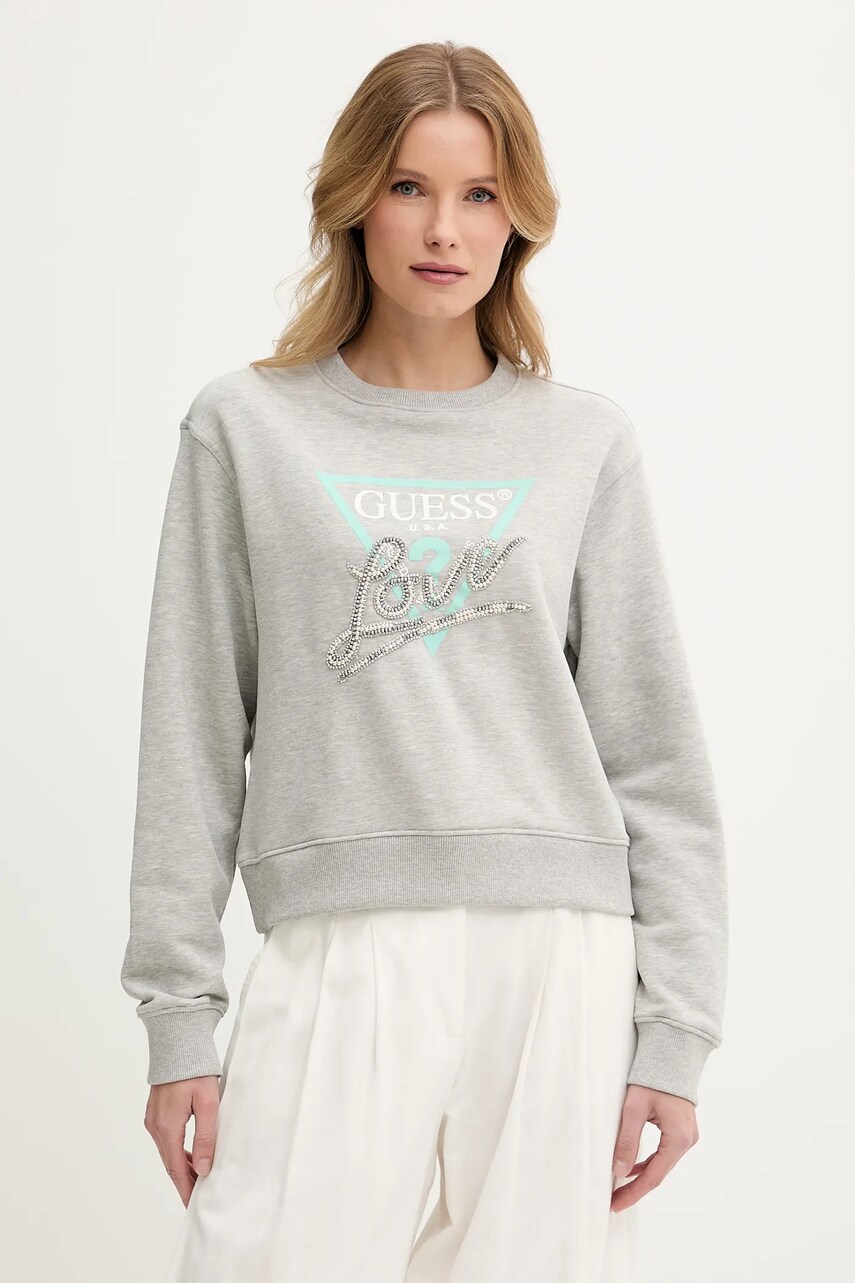 Levně Mikina Guess LOVE dámská, šedá barva, s potiskem, W5GQ05 KB683