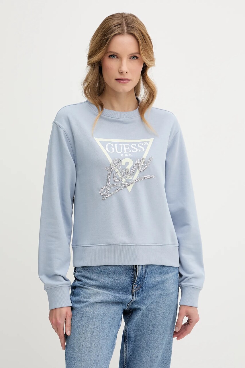 Levně Mikina Guess LOVE dámská, modrá barva, s potiskem, W5GQ05 KB683