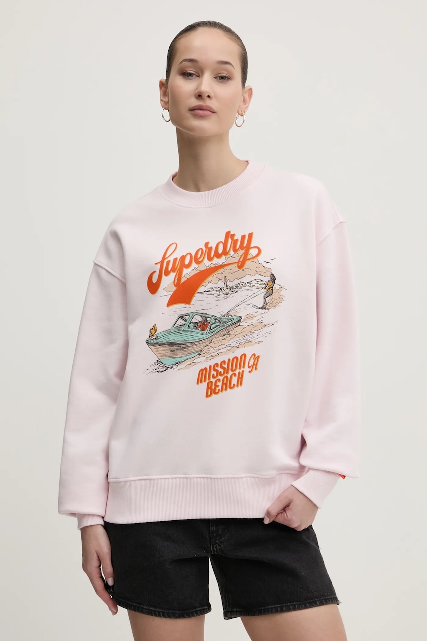 Superdry hanorac de bumbac femei, culoarea roz, cu imprimeu, W2012247A-D7F Superdry hanorac de bumbac femei, culoarea roz, cu imprimeu, W2012247A-D7F