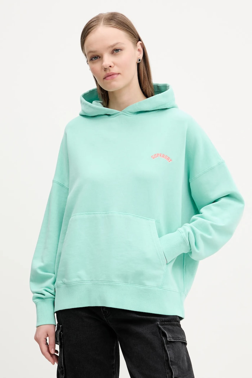 Superdry hanorac de bumbac femei, culoarea turcoaz, cu glugă, neted, W2012281A-2MD