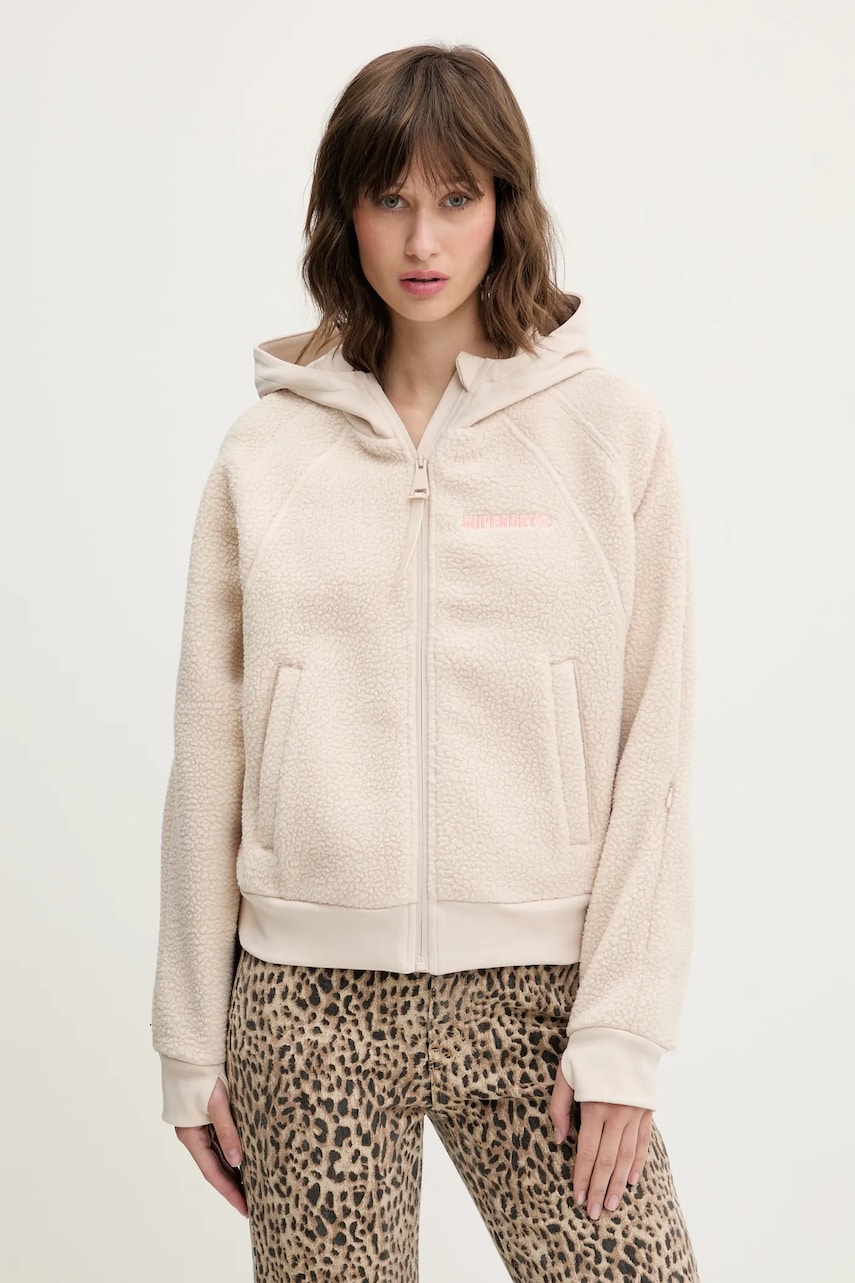 Superdry hanorac fleece culoarea bej, cu glugă, uni, W2012288A-7SJ