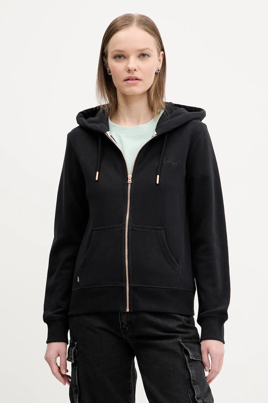 Superdry hanorac de bumbac femei, culoarea negru, cu glugă, neted, W2012358A-02A