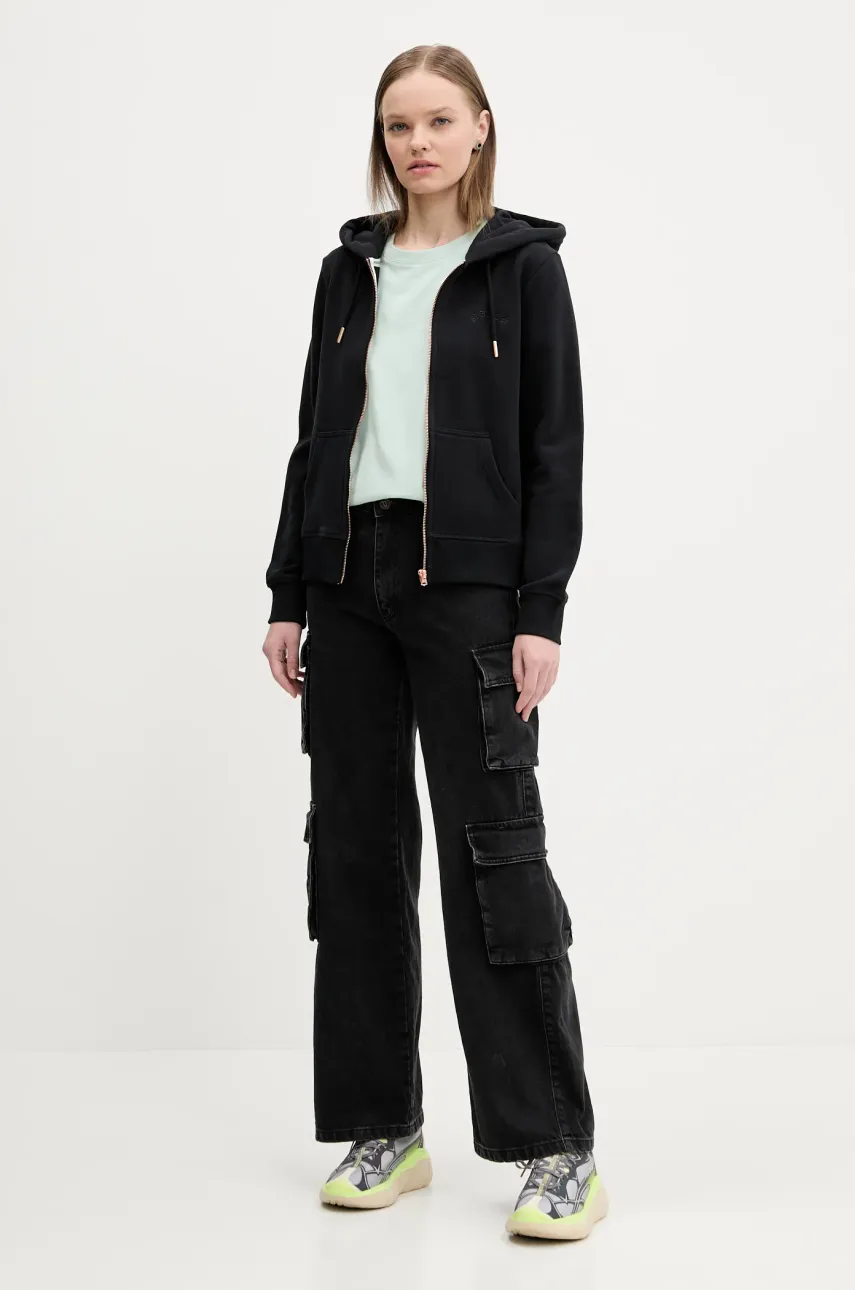 Хлопковая кофта Superdry женская цвет чёрный с капюшоном однотонная W2012358A-02A Хлопковая кофта Superdry женская цвет чёрный с капюшоном однотонная W2012358A-02A