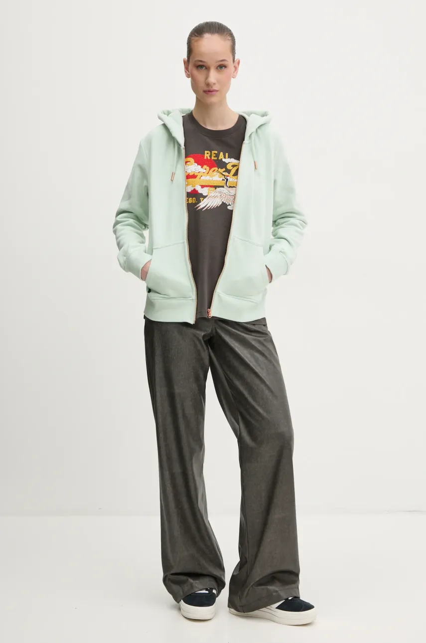 Хлопковая кофта Superdry женская цвет зелёный с капюшоном однотонная W2012358A-1WM Хлопковая кофта Superdry женская цвет зелёный с капюшоном однотонная W2012358A-1WM